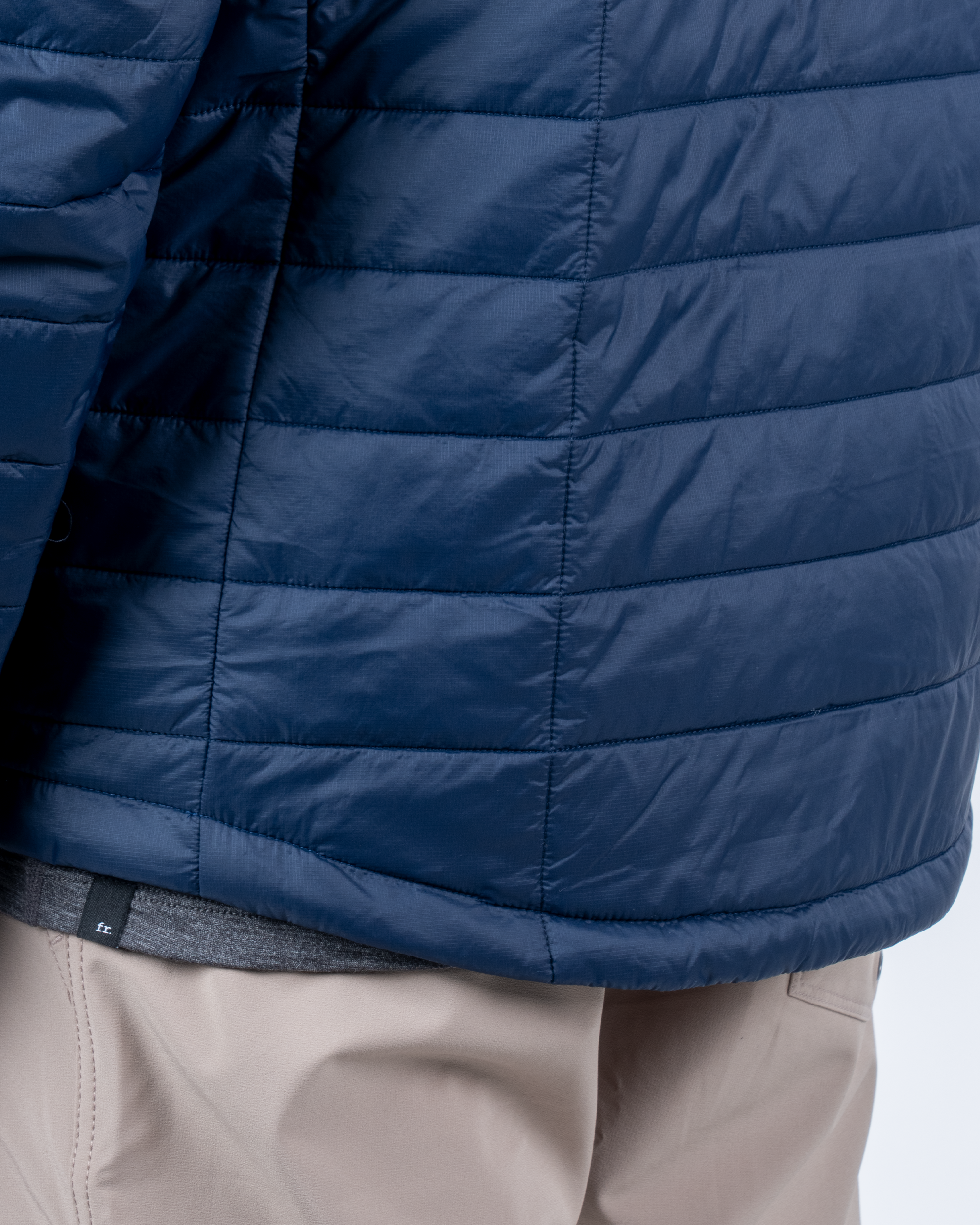 Foreign Rider Co Recycled Primaloft Gold Insulated Eco Navy Jacket Bottom Back Scoop Detail