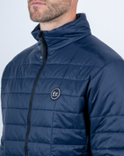 Foreign Rider Co Recycled Primaloft Gold Insulated Eco Navy Jacket Chest Stitch FR Logo and Shoulder Detail