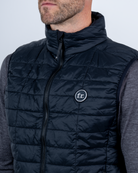 Foreign Rider Co Recycled Primaloft Gold Insulated Eco Black Vest Chest Stitch FR Logo and Shoulder Detail