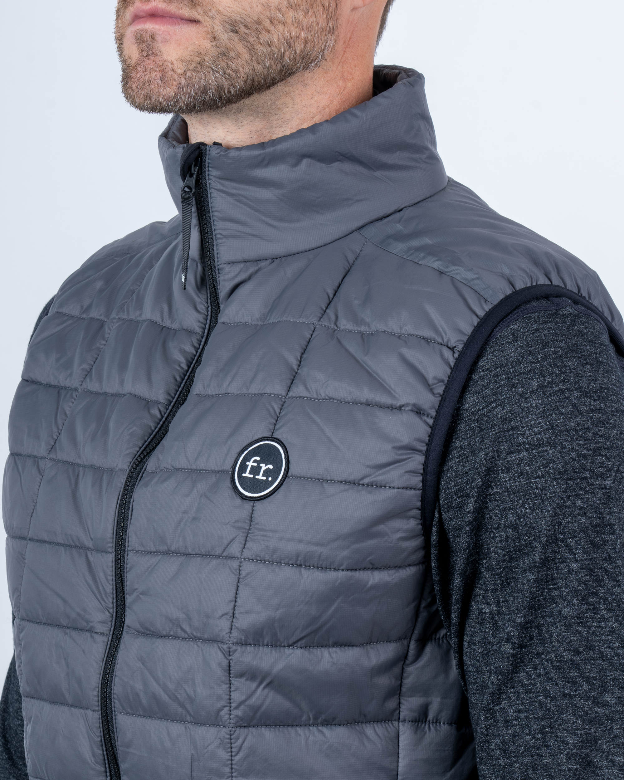 Foreign Rider Co Recycled Primaloft Gold Insulated Eco Grey Vest Chest Stitch FR Logo and Shoulder Detail