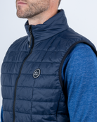 Foreign Rider Co Recycled Primaloft Gold Insulated Eco Navy Vest Chest Stitch FR Logo and Shoulder Detail