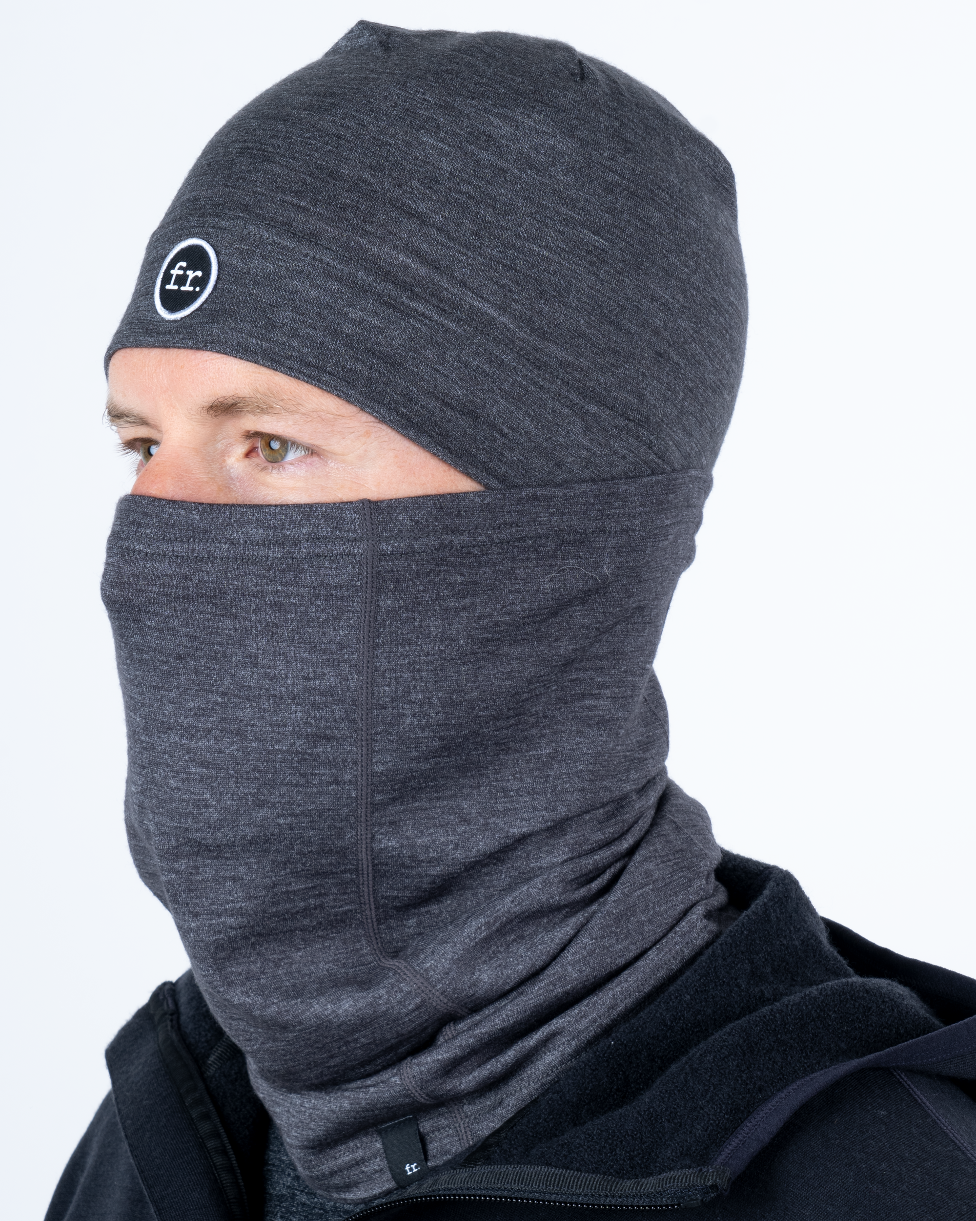 Foreign Rider Co Nuyarn Merino Wool Grey Neck Gaiter Model Full Face with Beanie