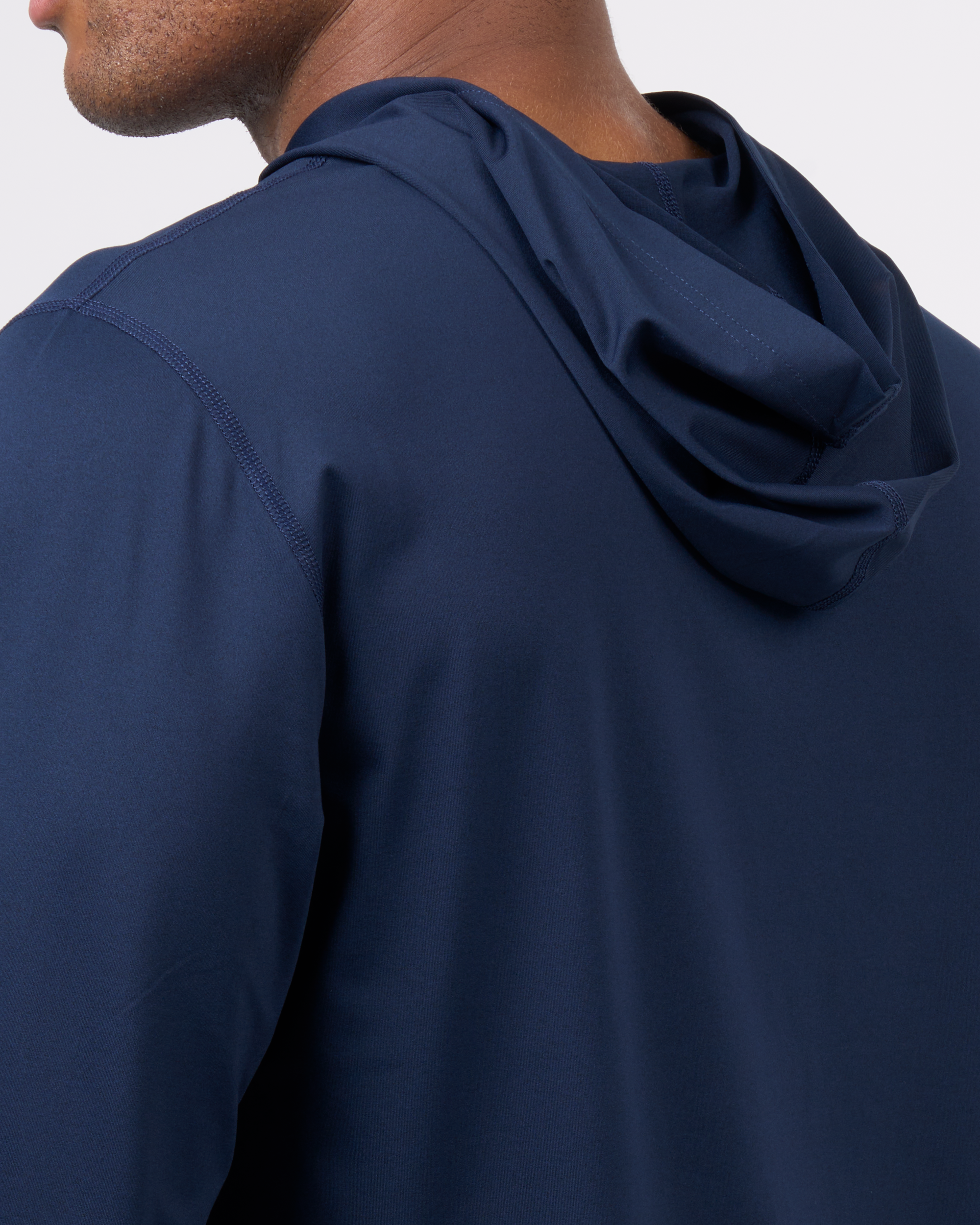 Foreign Rider Co Technical Fabric Navy Long-Sleeve Hooded T-Shirt Shoulder Hood Detail