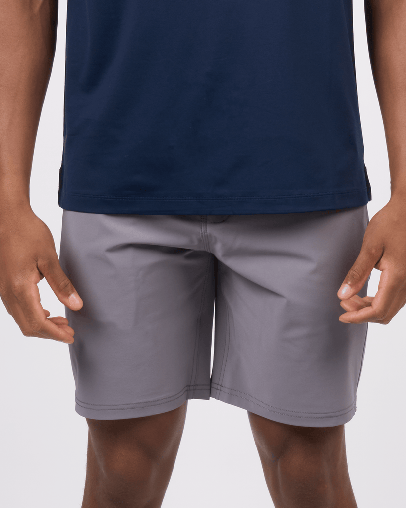 Foreign Rider Co Technical Fabric Grey Shorts Model Closeup Front Detail