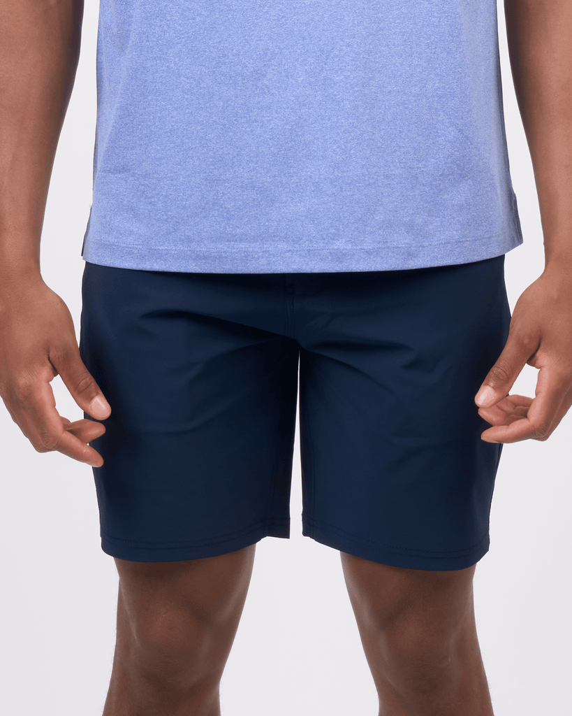 Foreign Rider Co Technical Fabric Navy Shorts Model Closeup Front Detail