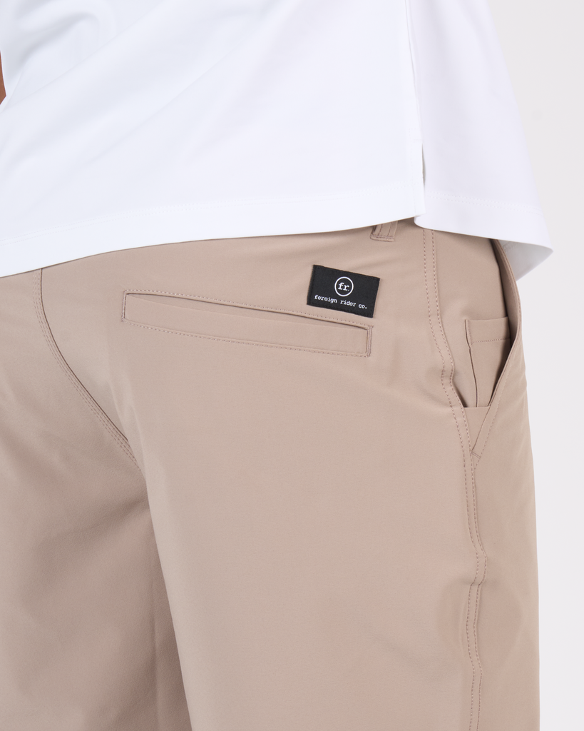 Foreign Rider Co Technical Fabric Tan Shorts Back Pocket/Tag Detail