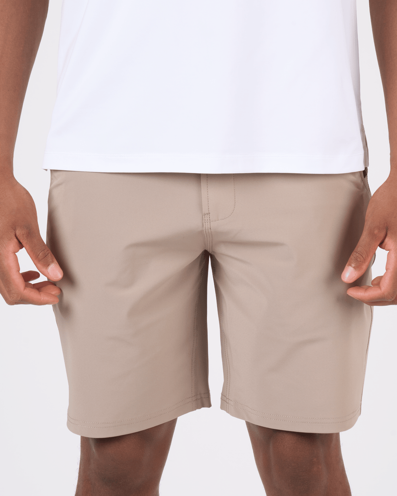 Foreign Rider Co Technical Fabric Tan Shorts Model Closeup Front Detail
