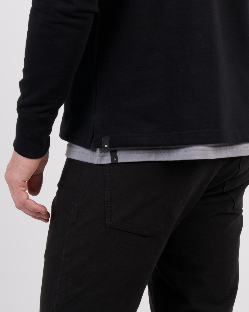 Foreign Rider Co Organic Cotton Black Quarter Zip Sweater Side Slit Seam Detail