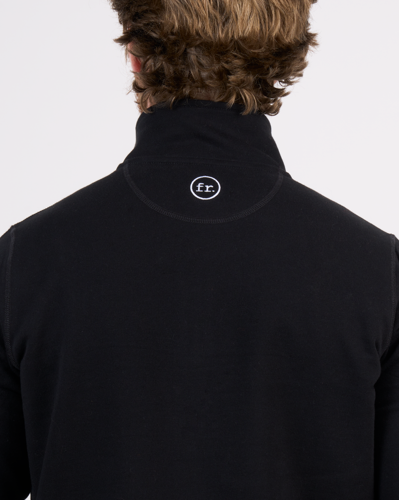 Foreign Rider Co Organic Cotton Black Quarter Zip Sweater Top Back Yoke Stitch Logo Detail