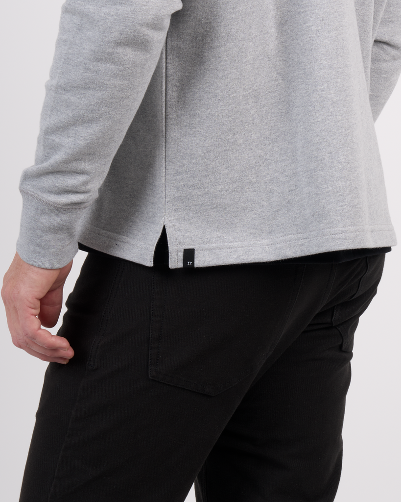 Foreign Rider Co Organic Cotton Grey Quarter Zip Sweater Side Slit Seam Detail