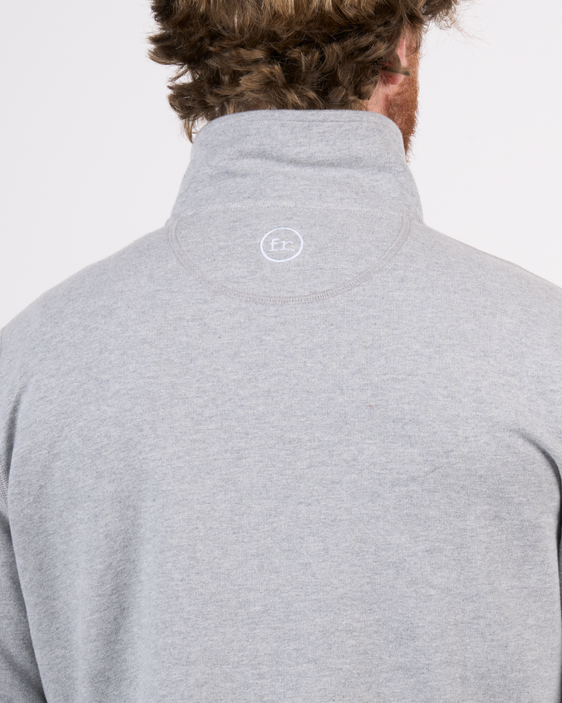 Foreign Rider Co Organic Cotton Grey Quarter Zip Sweater Top Back Yoke Stitch Logo Detail