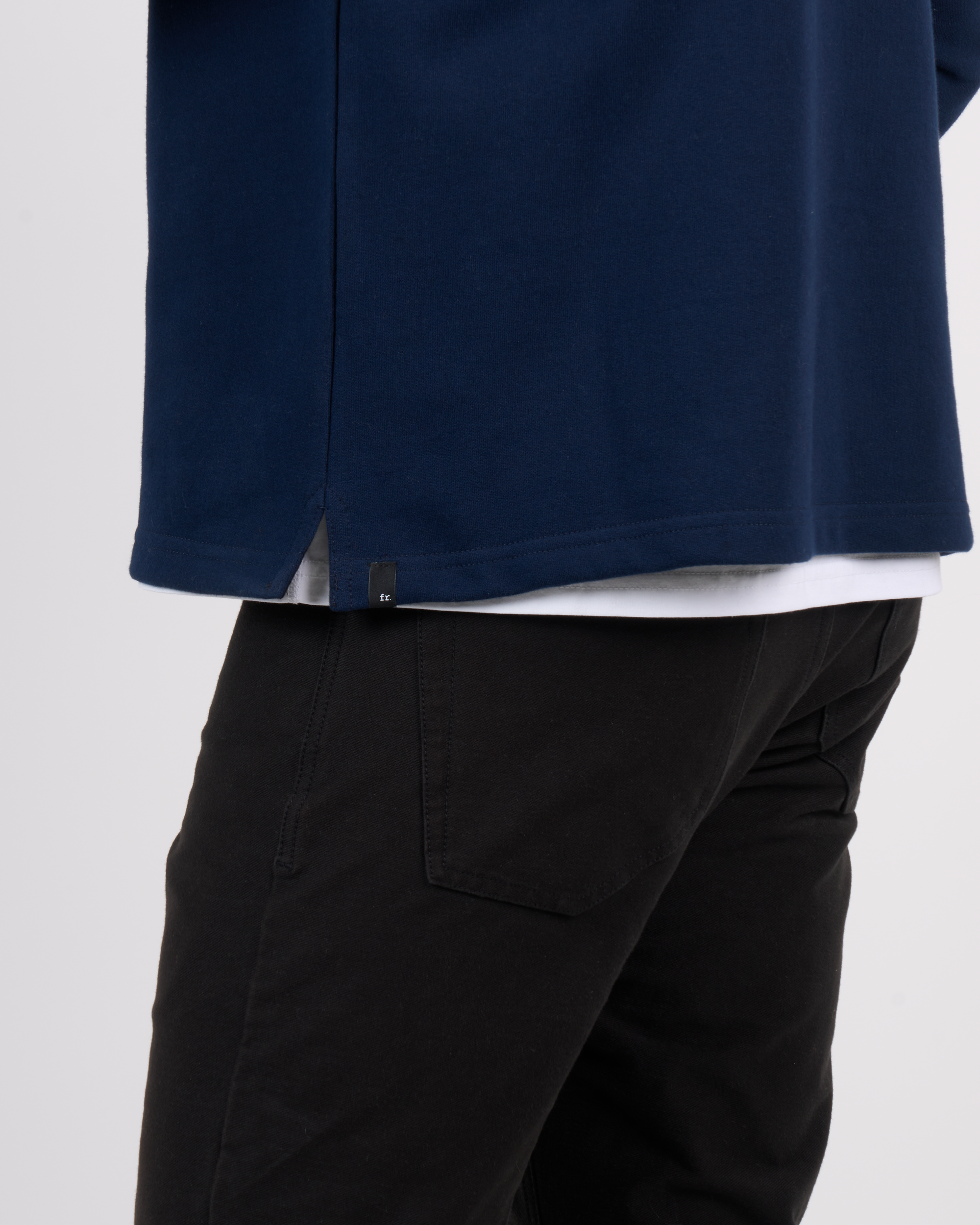 Foreign Rider Co Organic Cotton Navy Quarter Zip Sweater Side Slit Seam Detail