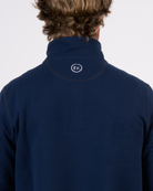 Foreign Rider Co Organic Cotton Navy Quarter Zip Sweater Top Back Yoke Stitch Logo Detail