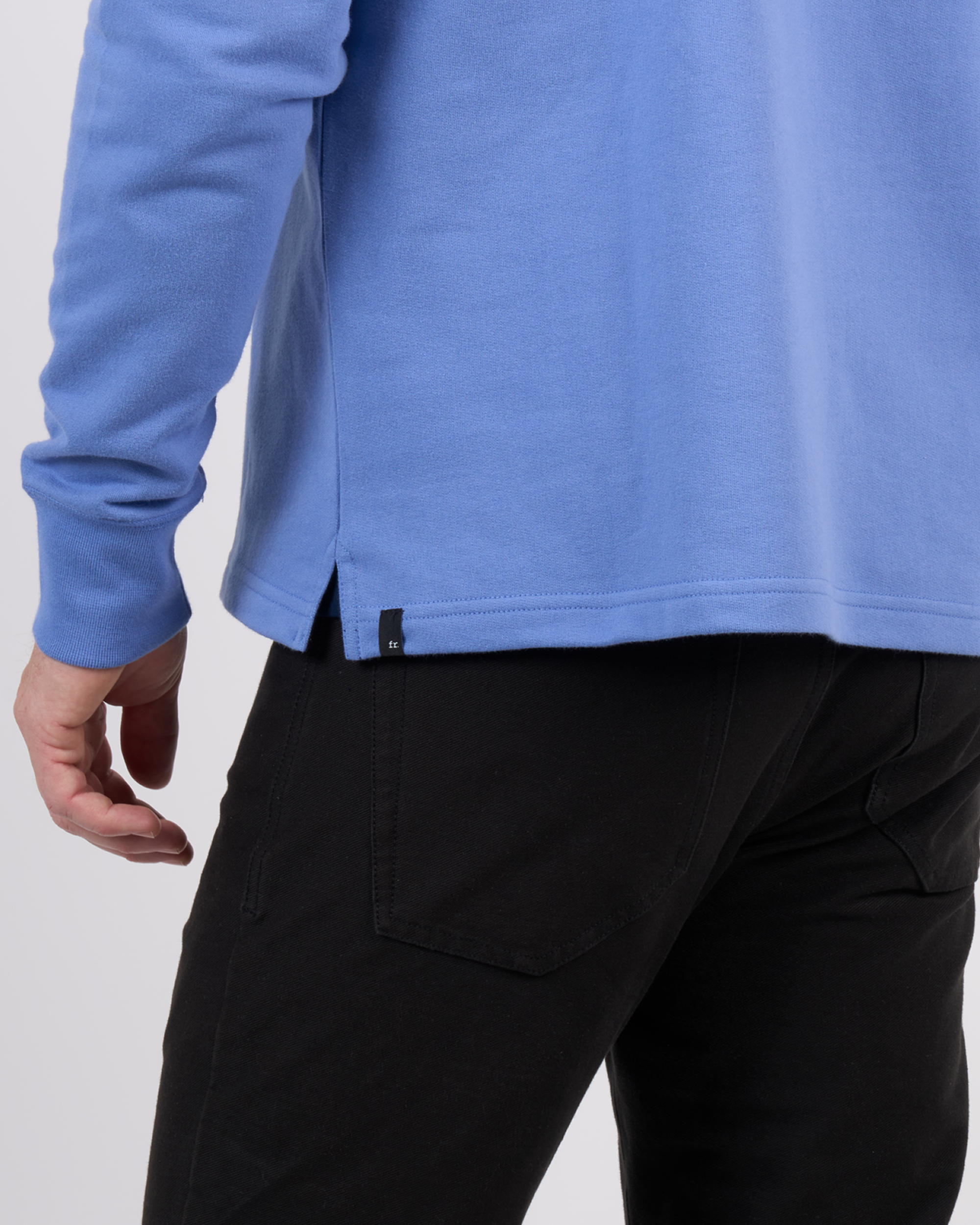 Foreign Rider Co Organic Cotton Surf Blue Quarter Zip Sweater Side Slit Seam Detail
