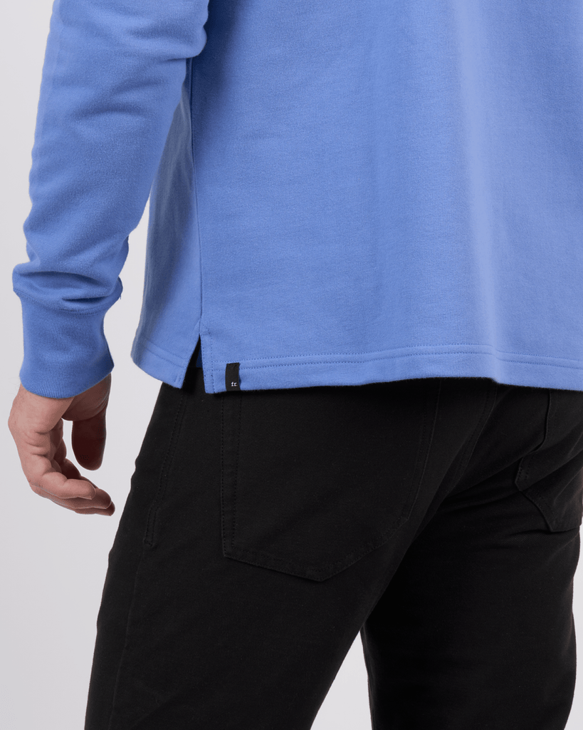 Foreign Rider Co Organic Cotton Surf Blue Quarter Zip Sweater Side Slit Seam Detail