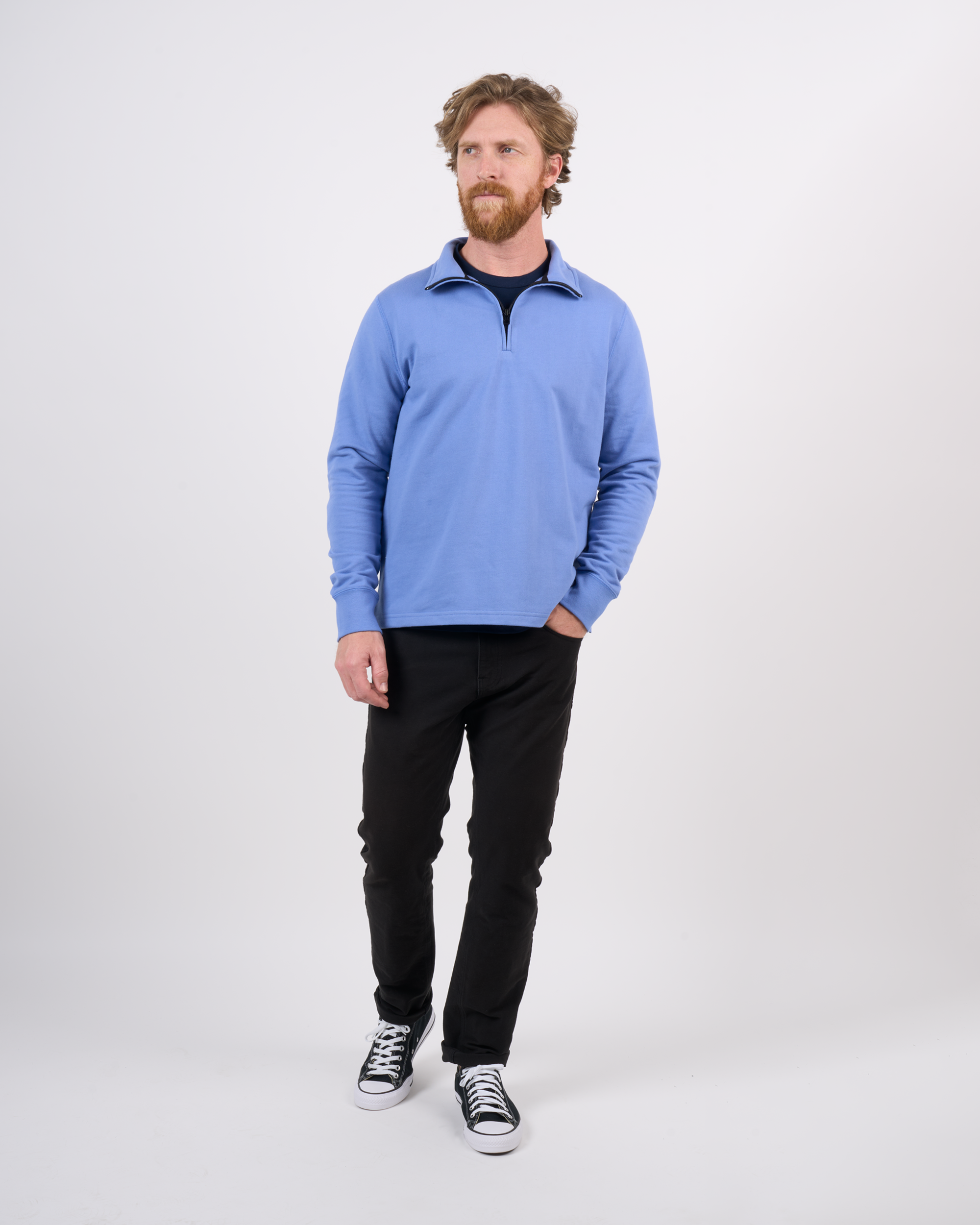 Foreign Rider Co Organic Cotton Surf Blue Quarter Zip Sweater Model Size 3(L)