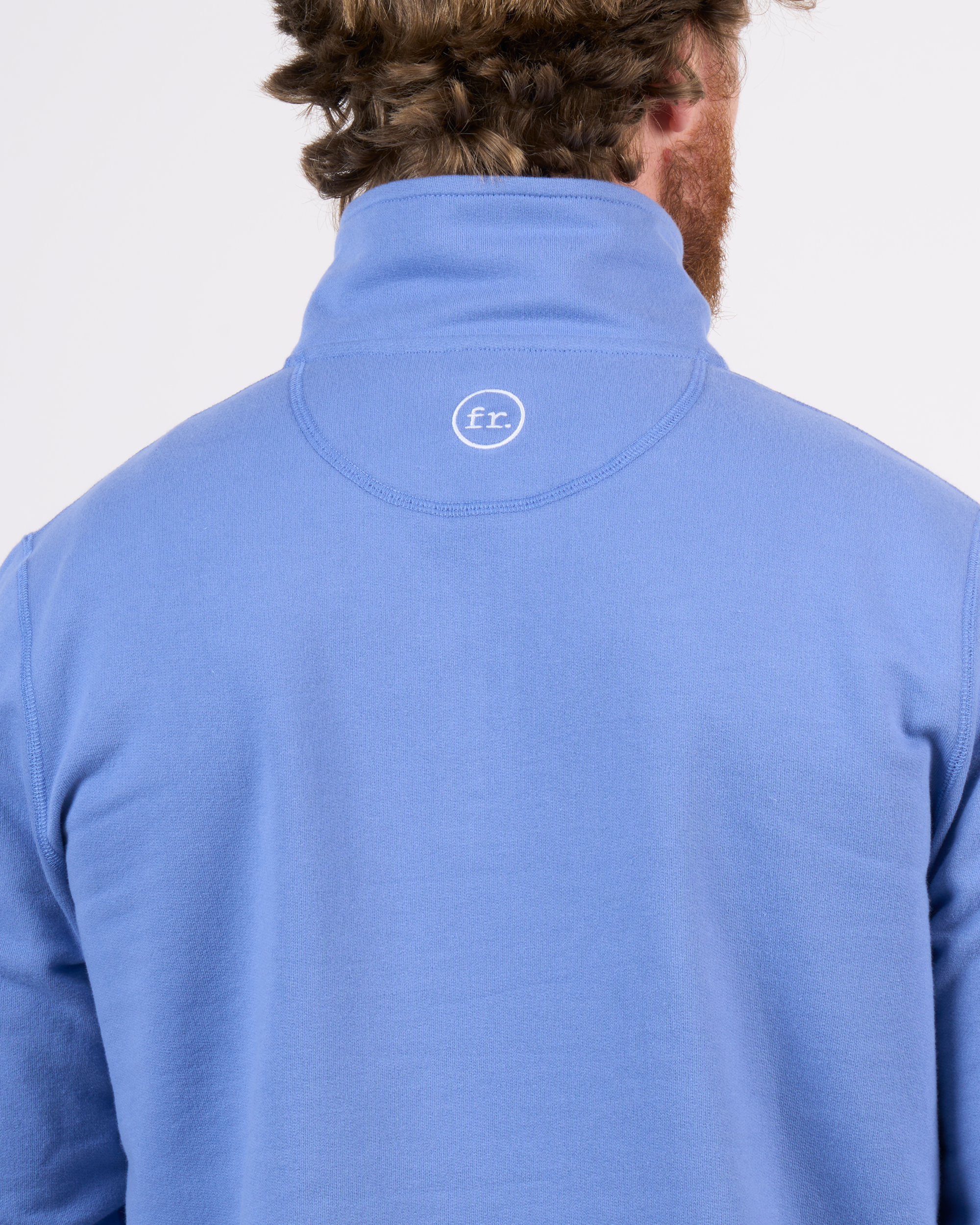 Foreign Rider Co Organic Cotton Surf Blue Quarter Zip Sweater Top Back Yoke Stitch Logo Detail