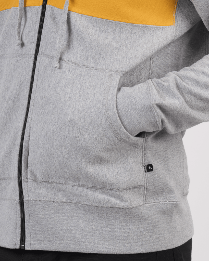 Foreign Rider Co Organic Cotton Grey Two Stripe Zip Hooded Sweater Front Hand Pocket Detail