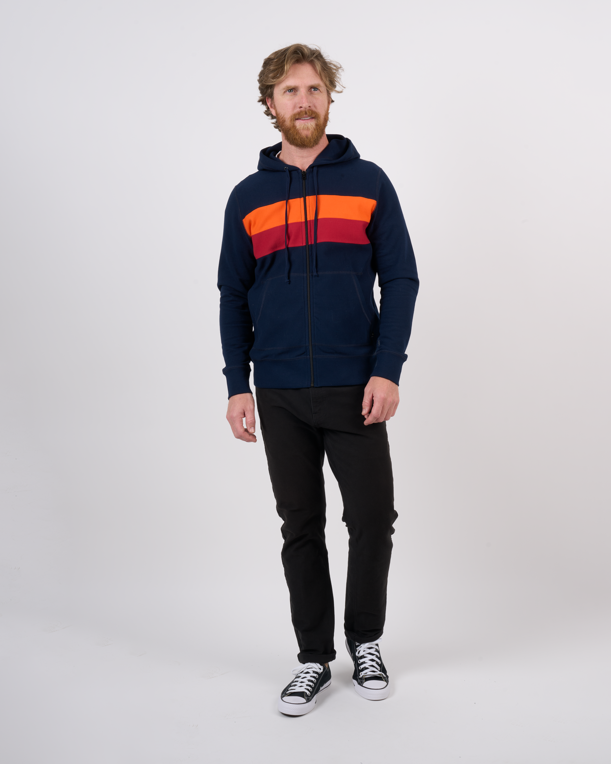 Foreign Rider Co Organic Cotton Navy Two Stripe Zip Hooded Sweater Model size 3(L)