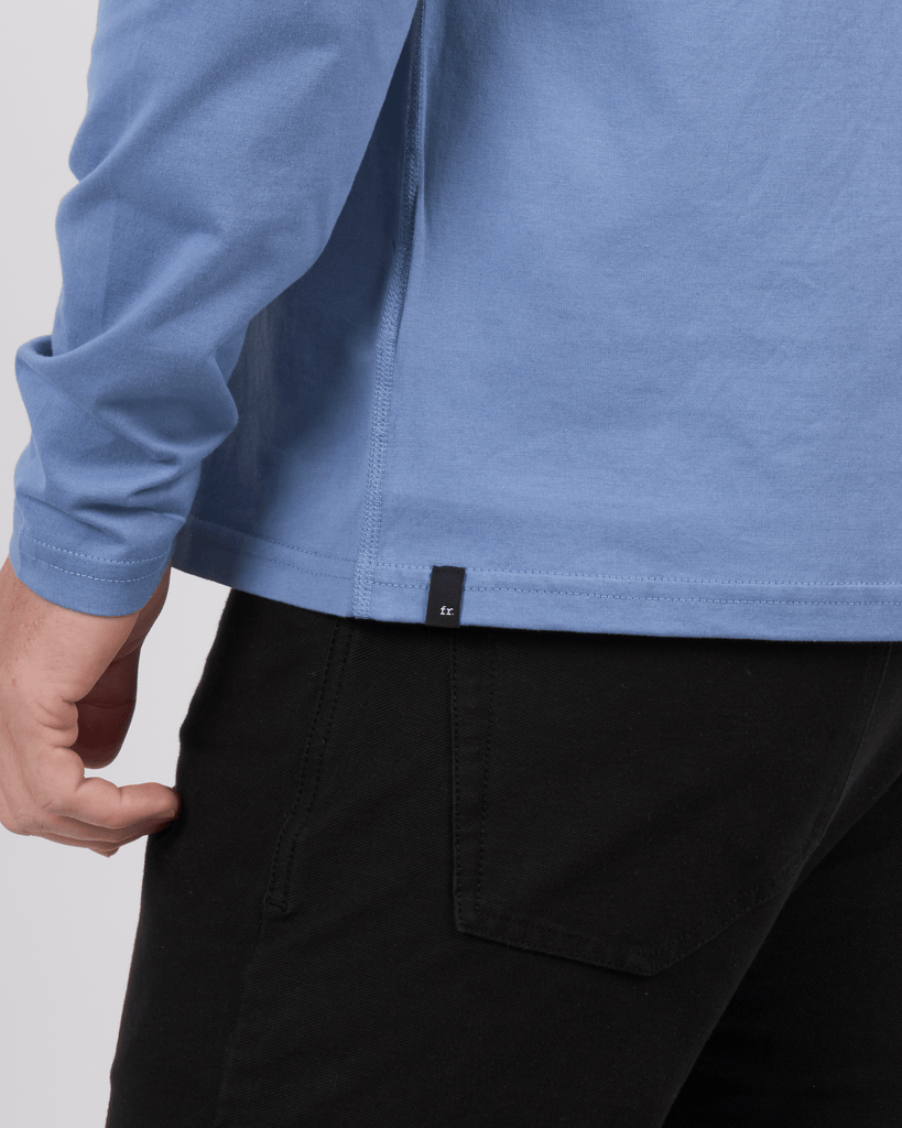Foreign Rider Co Supima Cotton Metallic Blue Long Sleeve T-Shirt Bottom Side Tag Detail