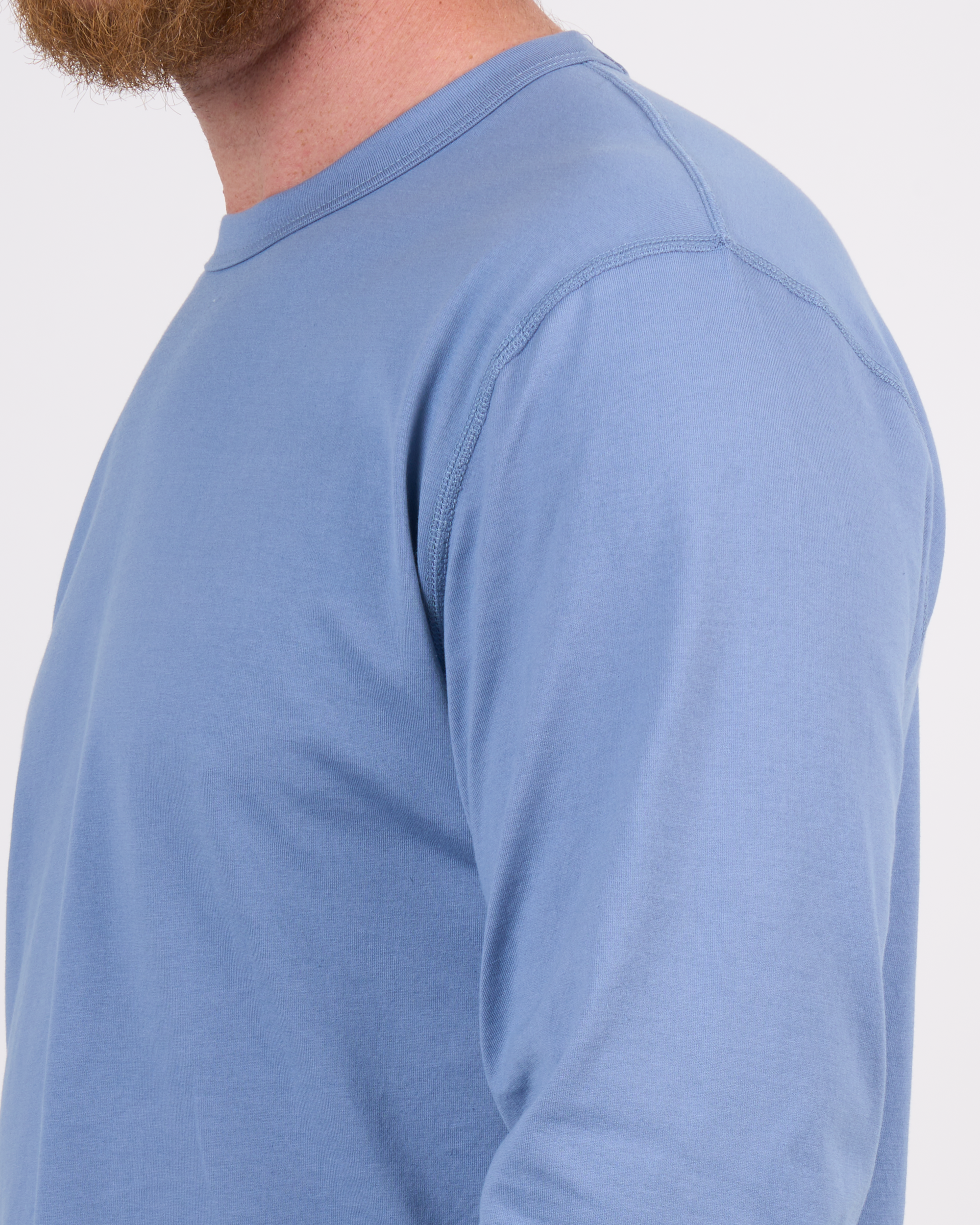 Foreign Rider Co Supima Cotton Metallic Blue Long Sleeve T-Shirt Shoulder Flat-lock Stitch Detail