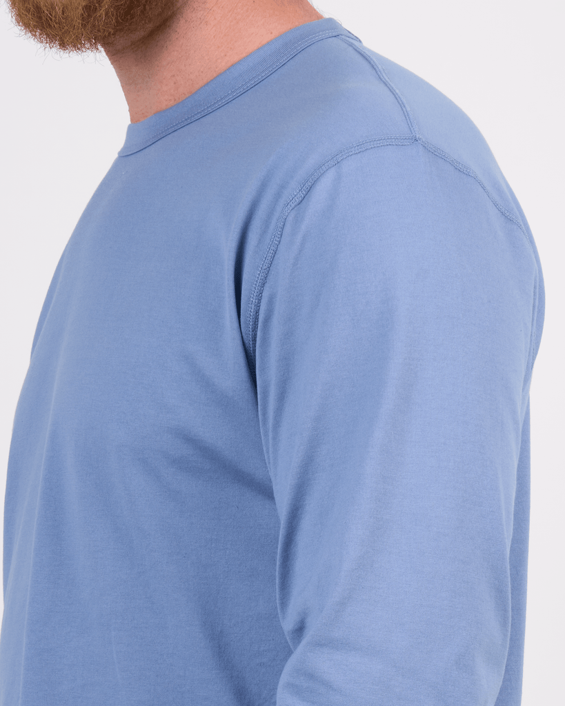 Foreign Rider Co Supima Cotton Metallic Blue Long Sleeve T-Shirt Shoulder Flat-lock Stitch Detail