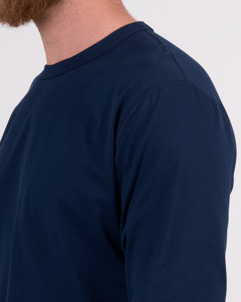 Foreign Rider Co Supima Cotton Navy Long Sleeve T-Shirt Shoulder Flat-lock Stitch Detail
