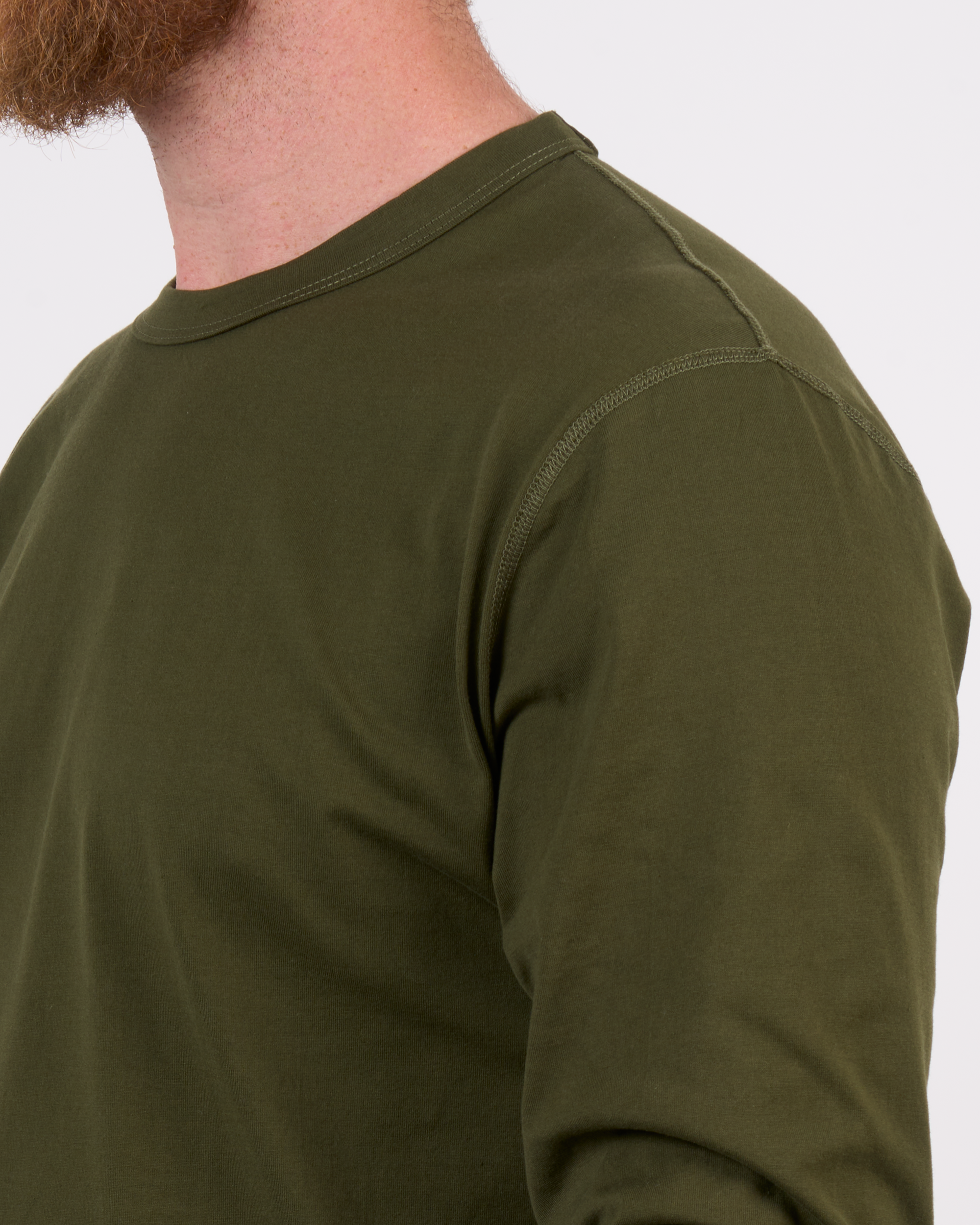 Foreign Rider Co Supima Cotton Olive Long Sleeve T-Shirt Shoulder Flat-lock Stitch Detail