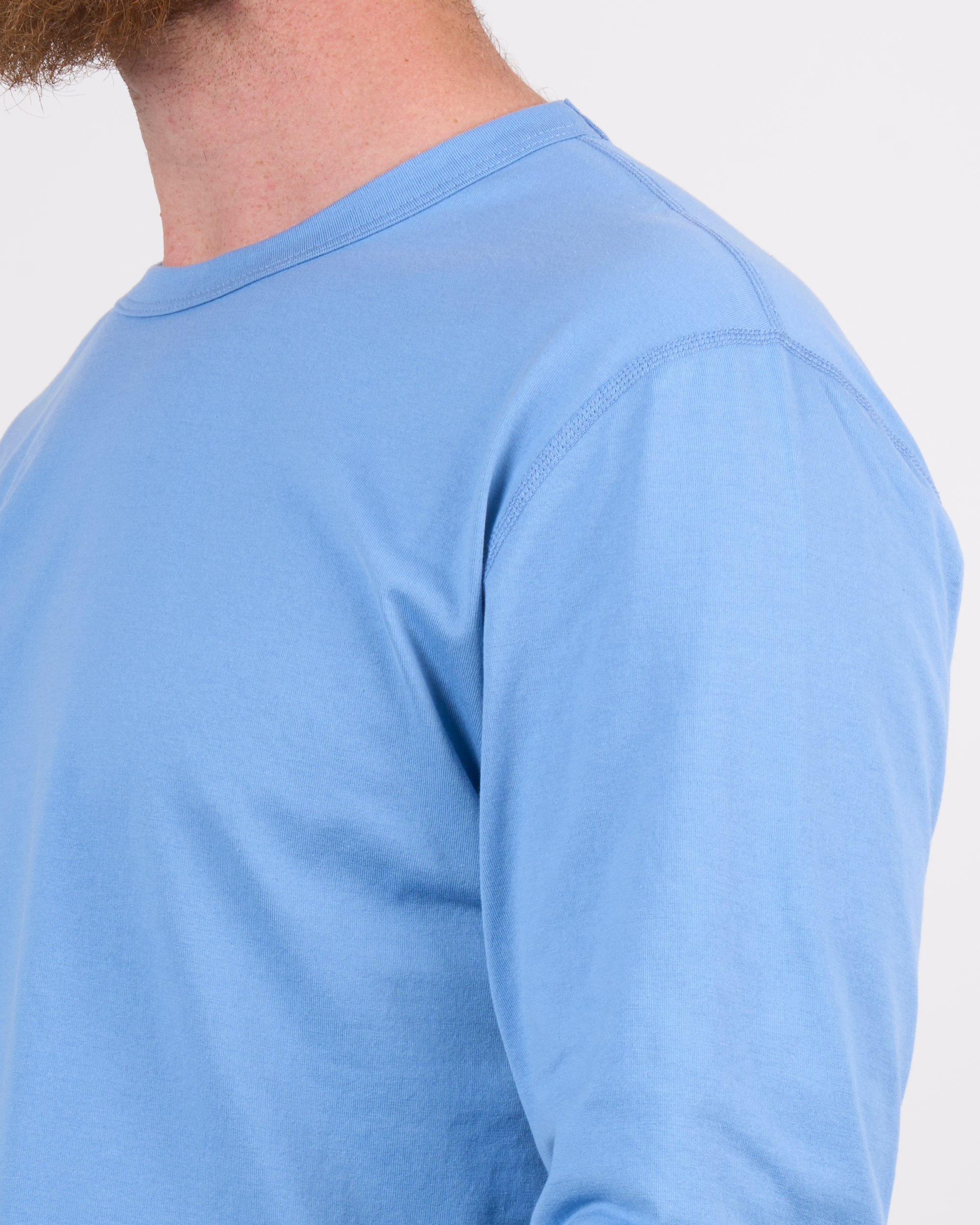 Foreign Rider Co Supima Cotton Surf Blue Long Sleeve T-Shirt Shoulder Flat-lock Stitch Detail