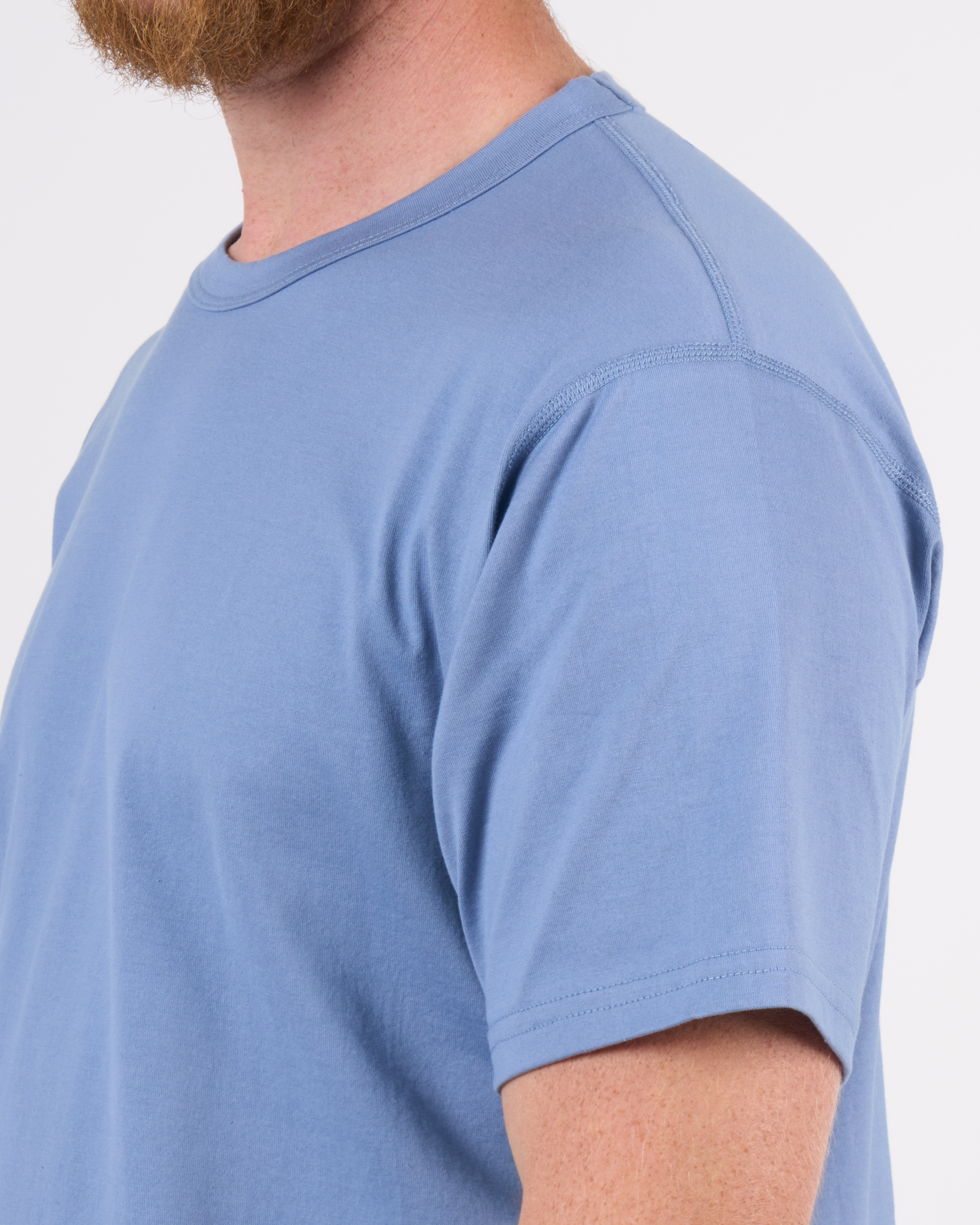 Foreign Rider Co Supima Cotton Metallic Blue Short Sleeve T-Shirt Shoulder Flat-lock Stitch Detail