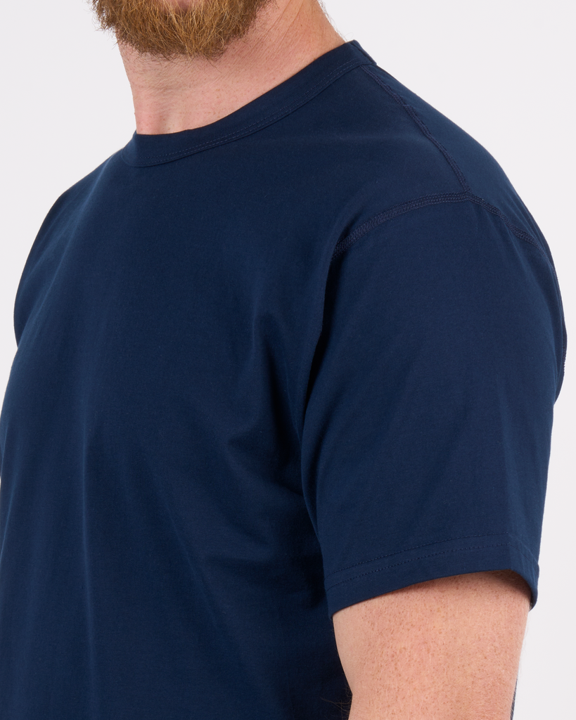 Foreign Rider Co Supima Cotton Navy Short Sleeve T-Shirt Shoulder Flat-lock Stitch Detail