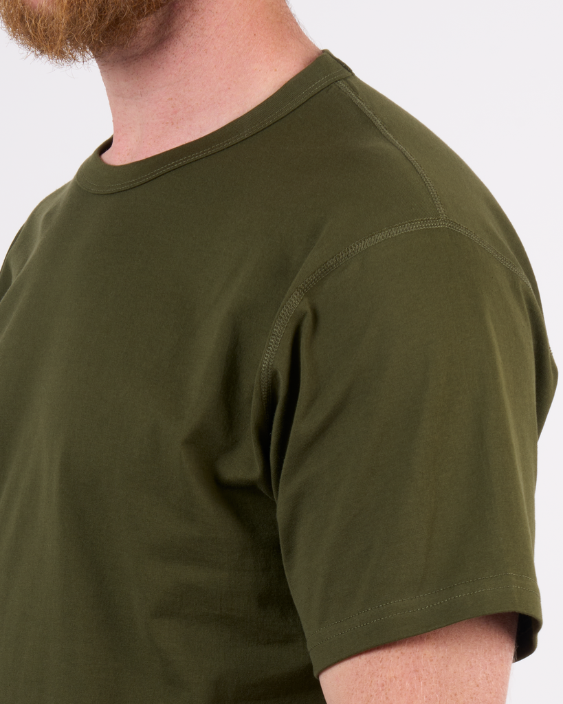 Foreign Rider Co Supima Cotton Olive Short Sleeve T-Shirt Shoulder Flat-lock Stitch Detail