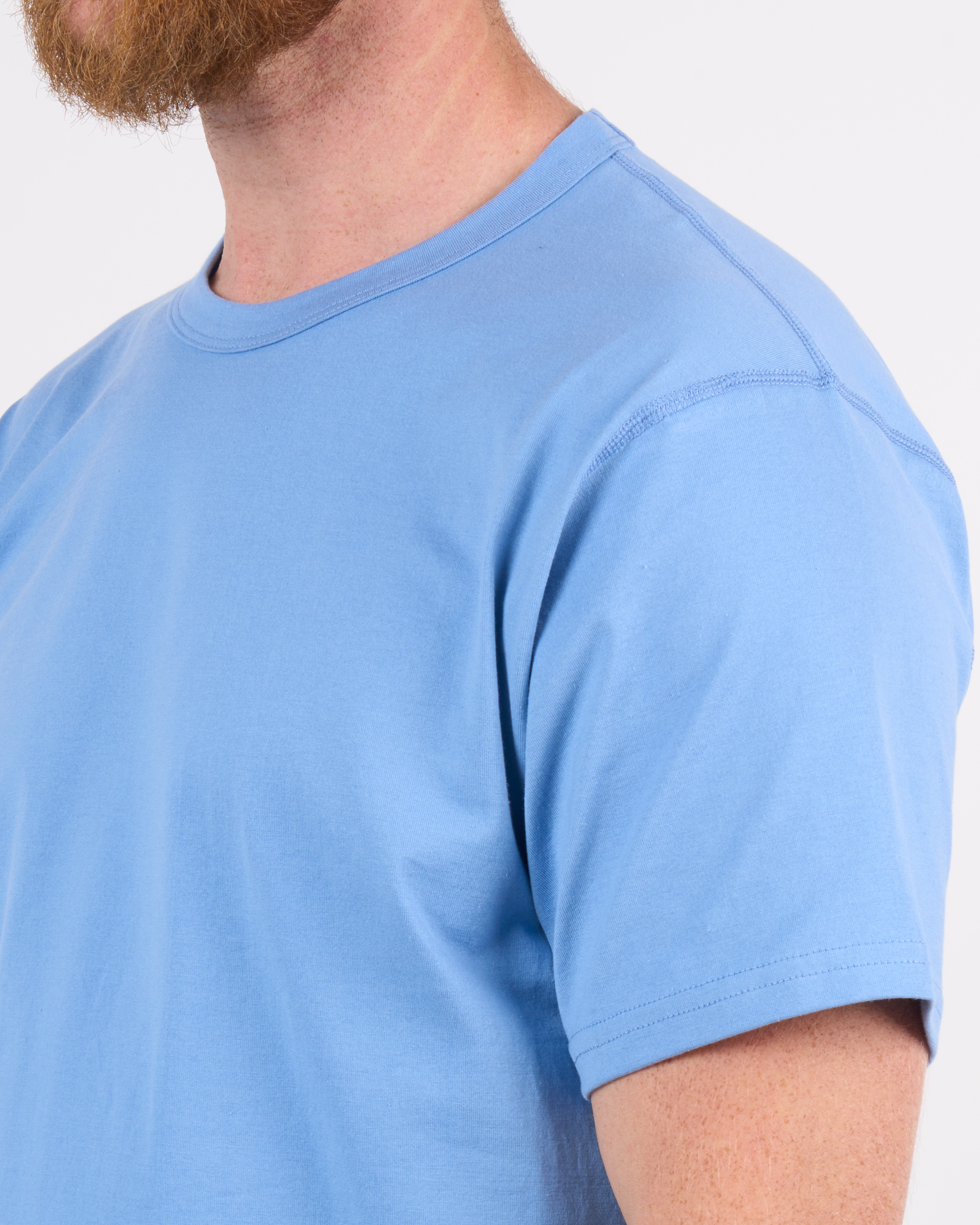 Foreign Rider Co Supima Cotton Surf Blue Short Sleeve T-Shirt Shoulder Flat-lock Stitch Detail