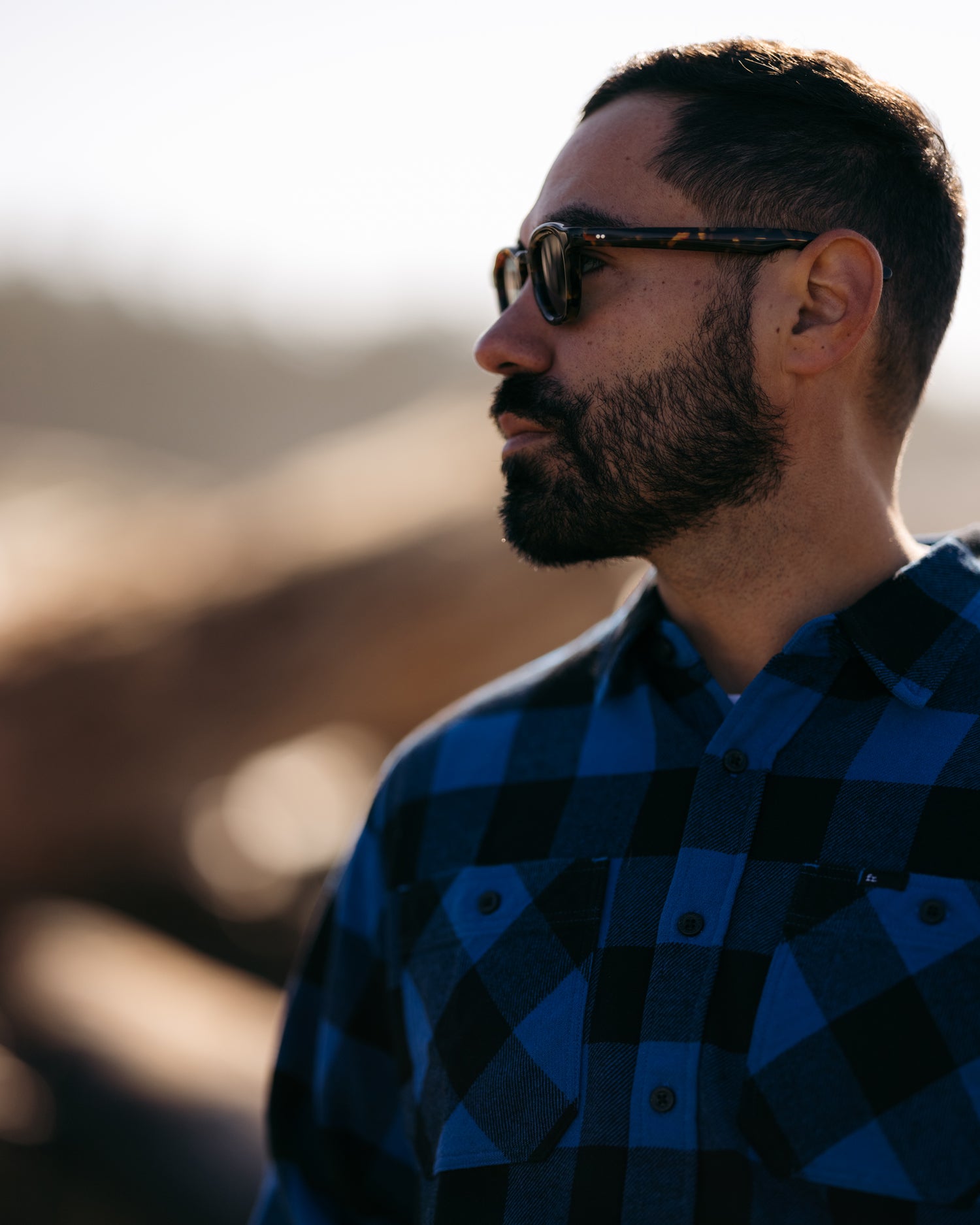 Closeup on the collar of Foreign Rider Co blue Flannel