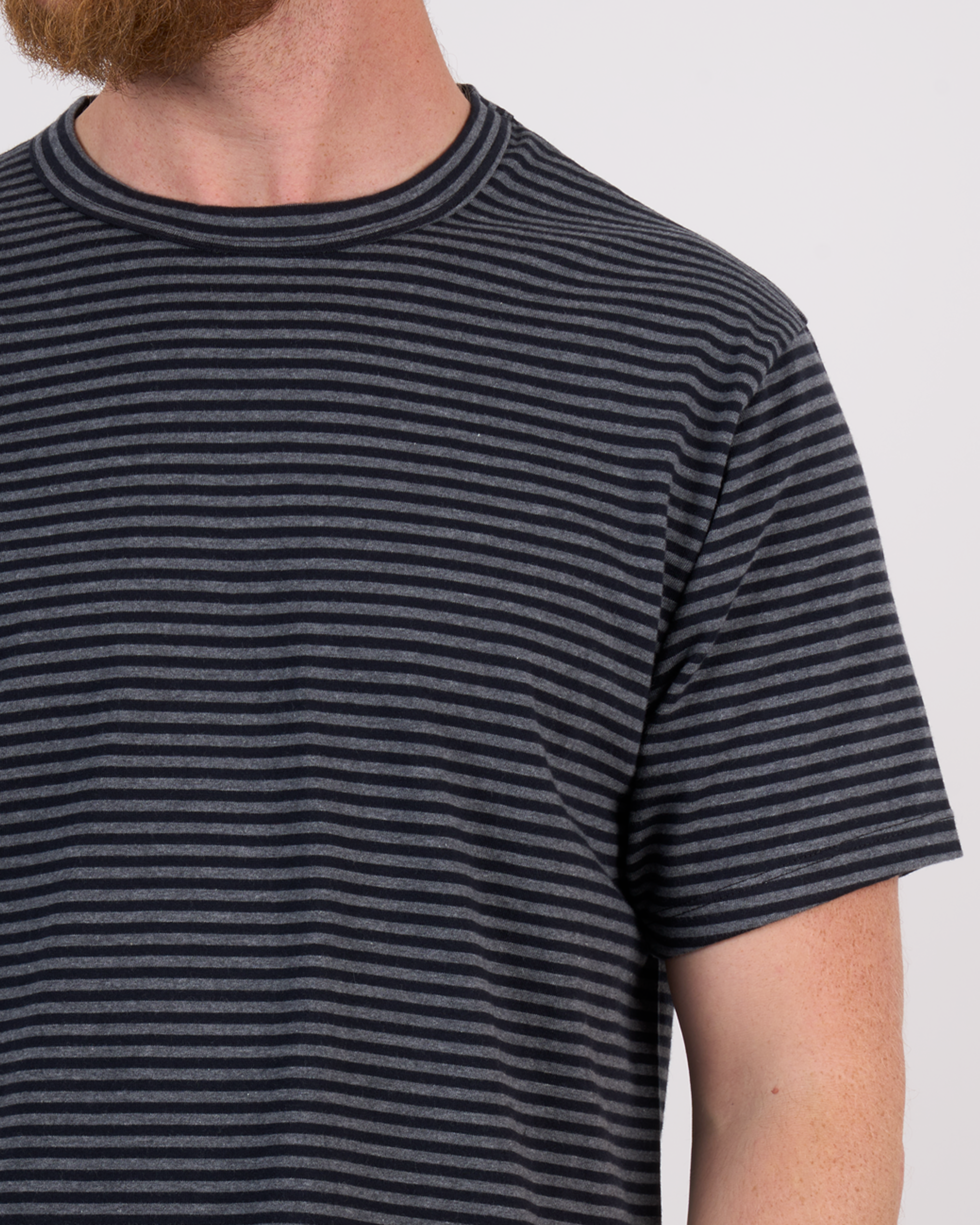 Foreign Rider Co Cotton Navy Grey Vintage Stripe T-Shirt Chest Detail