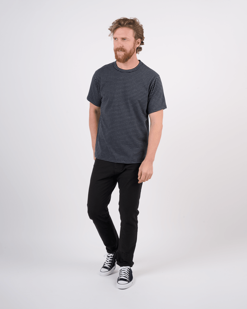 Foreign Rider Co Cotton Navy Grey Vintage Stripe T-Shirt Size 3(L)