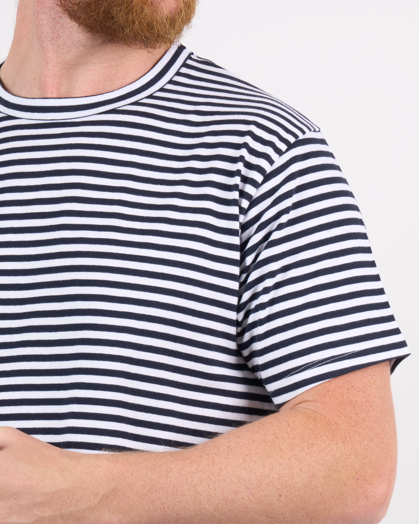 Foreign Rider Co Cotton Navy White Vintage Stripe T-Shirt Chest Detail
