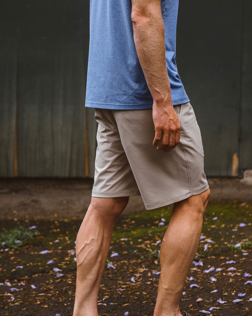 Eric Lagerstrom walking outside wearing the Foreign Rider Performance Shorts