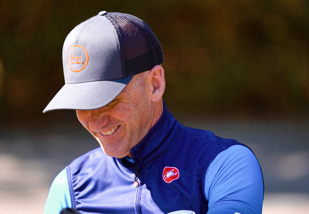 Close up shot of Nigel Gray wearing Castelli zip up and Foreign Rider hat